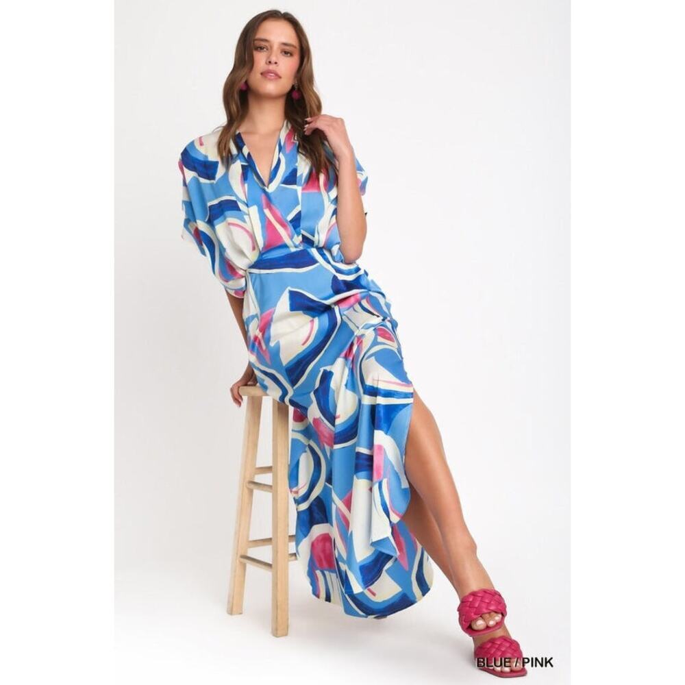 Umgee Satin Abstract Print Overlap Midi Dress with Side Slits - Picture 3 of 4